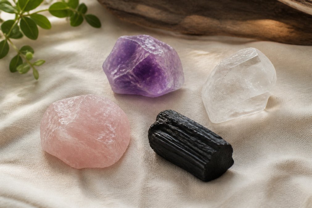Flat lay of four raw crystals, amethyst, clear quartz, rose quartz, and black tourmaline, arranged on natural linen cloth with soft diffused lighting from a window