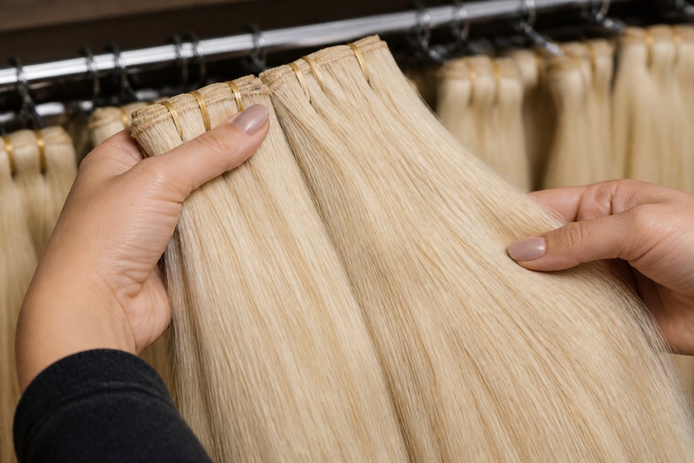 Close-up of premium human hair extensions being held and examined, showing natural cuticle alignment and golden-blonde texture in soft natural lighting