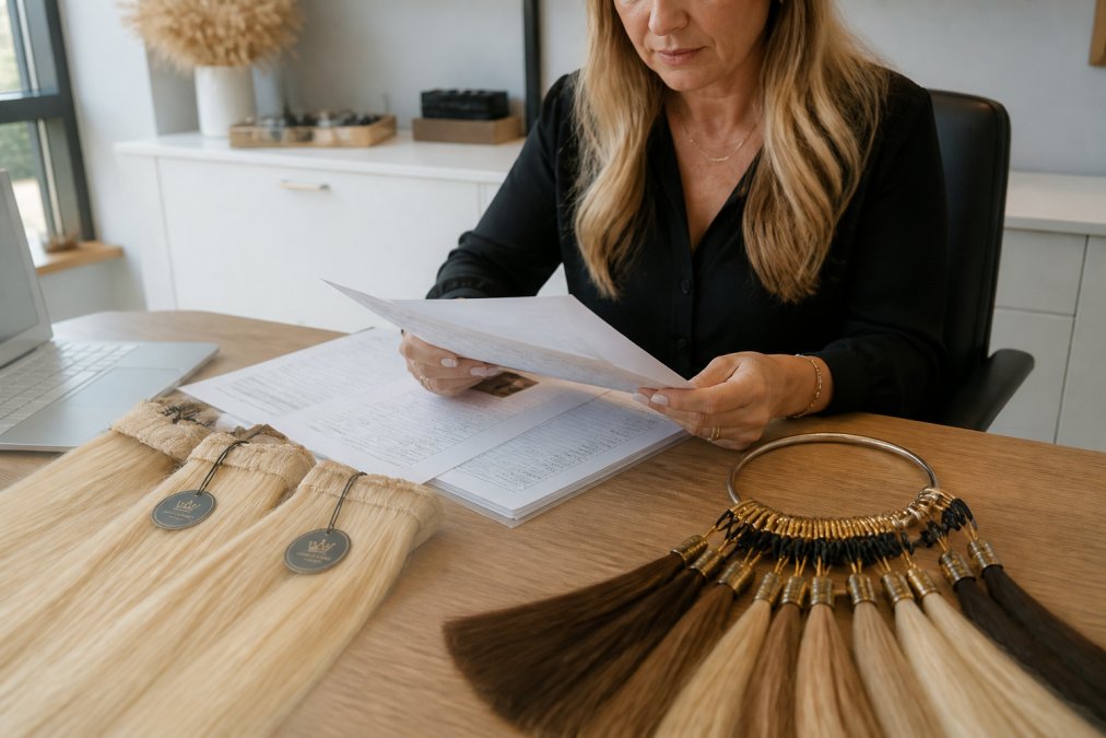 Professional stylist examining detailed hair extension supply chain documentation and sourcing records at a consultation desk with natural office lighting