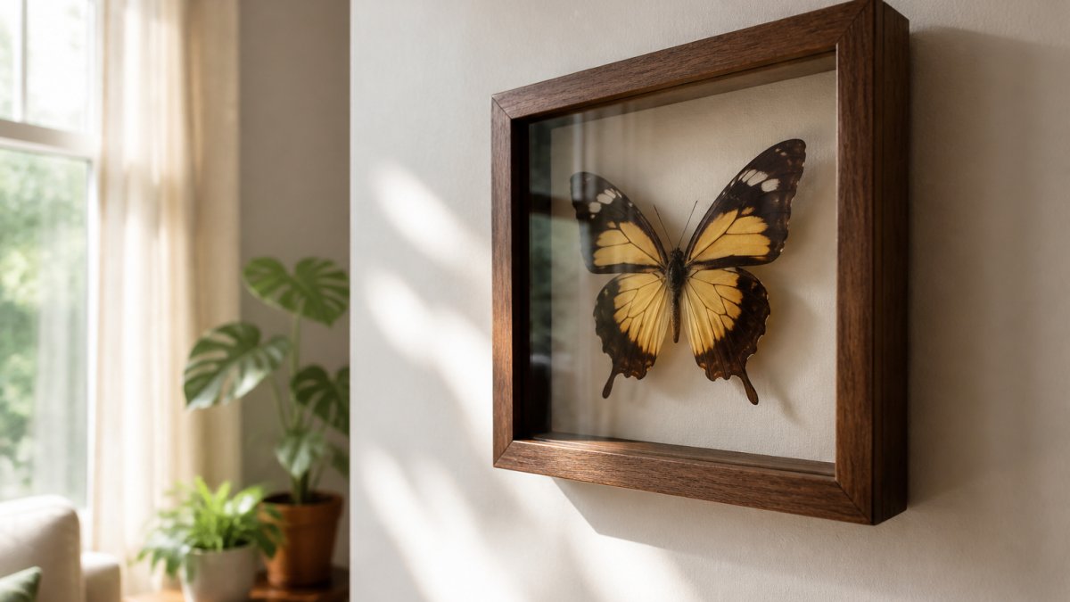 Framed butterfly specimen hanging in a wooden shadowbox on a sunlit living room wall