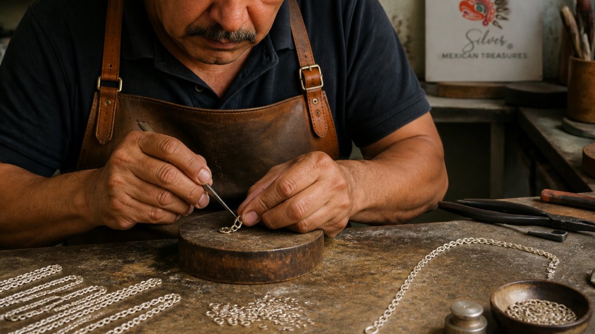 Close-up of skilled artisan hands working on polished sterling silver chain links and necklace components at a workbench in a traditional Taxco workshop, showing the handcrafted detail and care in each piece
