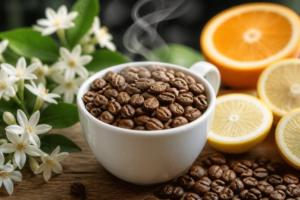 Close-up of Ethiopian light roast coffee beans in a white ceramic cup with steam rising, showing the medium-light brown color and texture, with fresh jasmine flowers and sliced citrus fruit arranged nearby on a wooden surface
