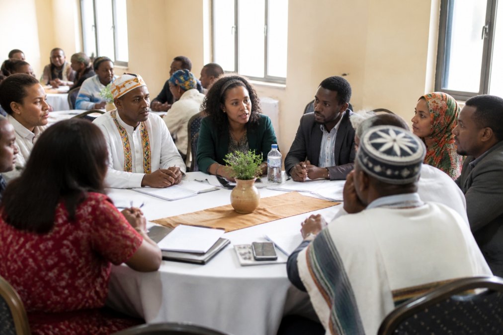 Diverse group of community members engaged in civic dialogue and discussion around a table in a local meeting space, representing different regions and perspectives in conversation