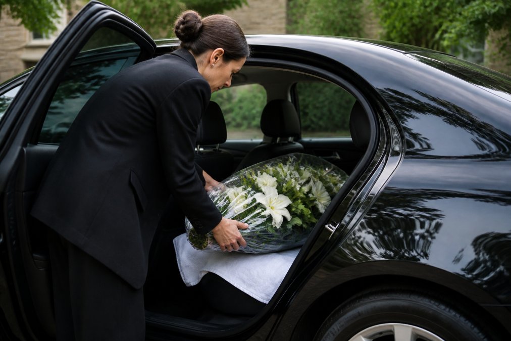 A person carefully placing a wrapped floral tribute into the back seat of a black sedan, with a towel underneath to catch water, soft natural light