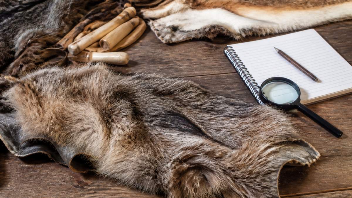 A crafter examines raw fur materials on a wooden workbench using a magnifying glass and notebook.