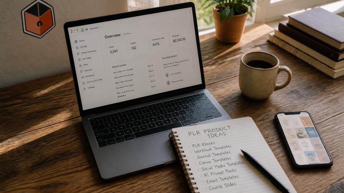 Overhead shot of a home desk with an open laptop showing a digital shop dashboard, a spiral notebook with a handwritten product list, a ceramic coffee mug, and a smartphone displaying a colorful template preview, warm afternoon light from a window