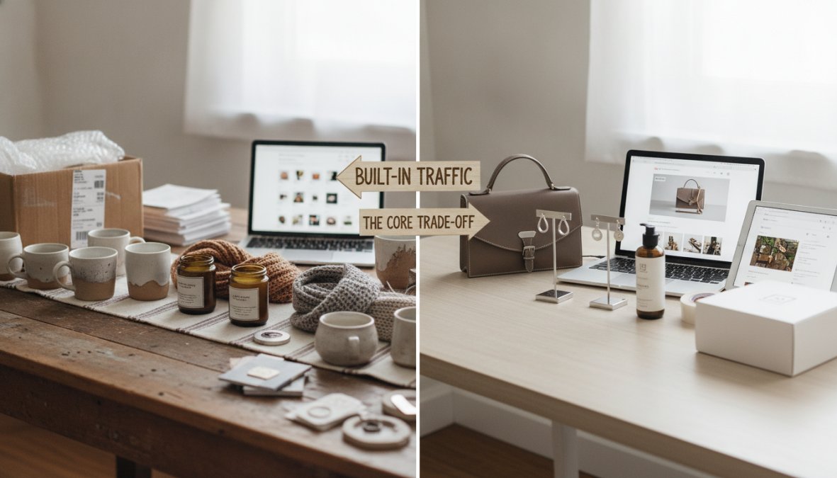 Handmade seller reviewing their online storefront on a computer, with product samples and fabric swatches visible on the wooden desk beside them, natural window lighting