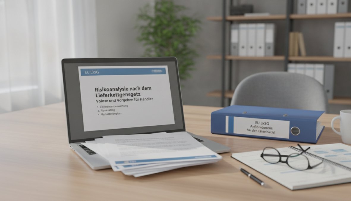 Geschäftsperson prüft Lieferantendokumente für das EU Lieferkettengesetz Anforderungen für Einzelhandel am Schreibtisch.