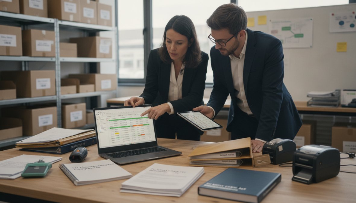 Einzelhandelsmanager und Compliance-Experte prüfen Lieferantendaten und EU Lieferkettengesetz Anforderungen für Einzelhand...