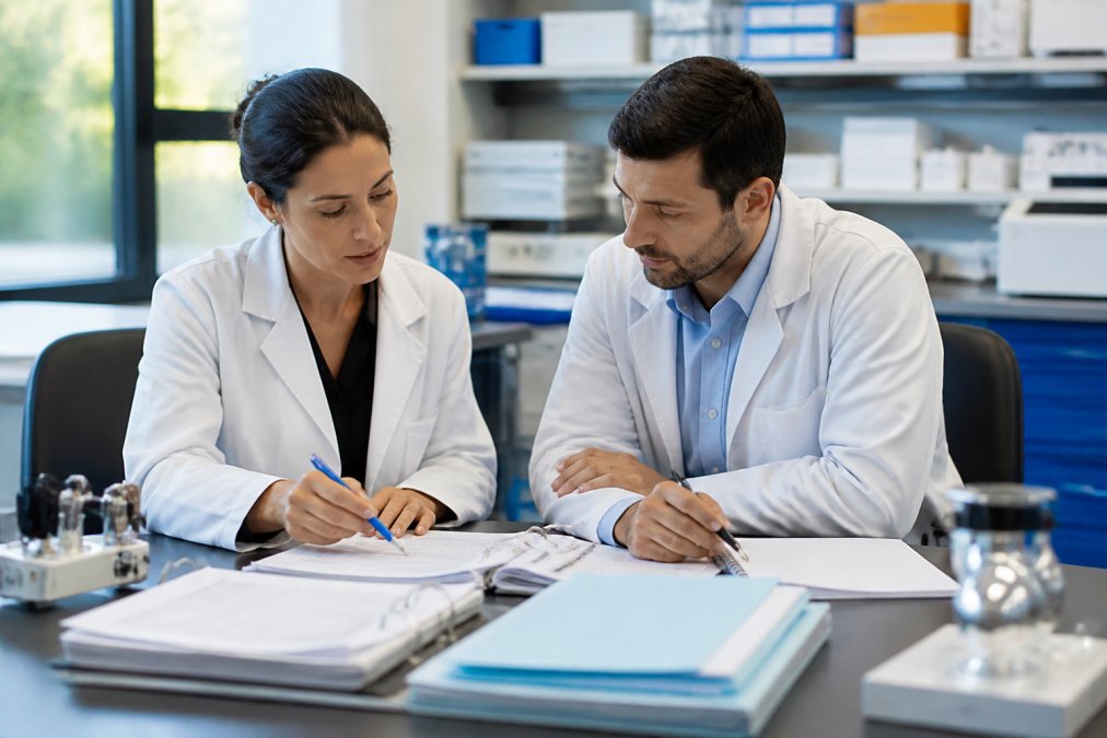 Regulatory professionals reviewing documents to meet clinical evaluation report requirements in a modern office