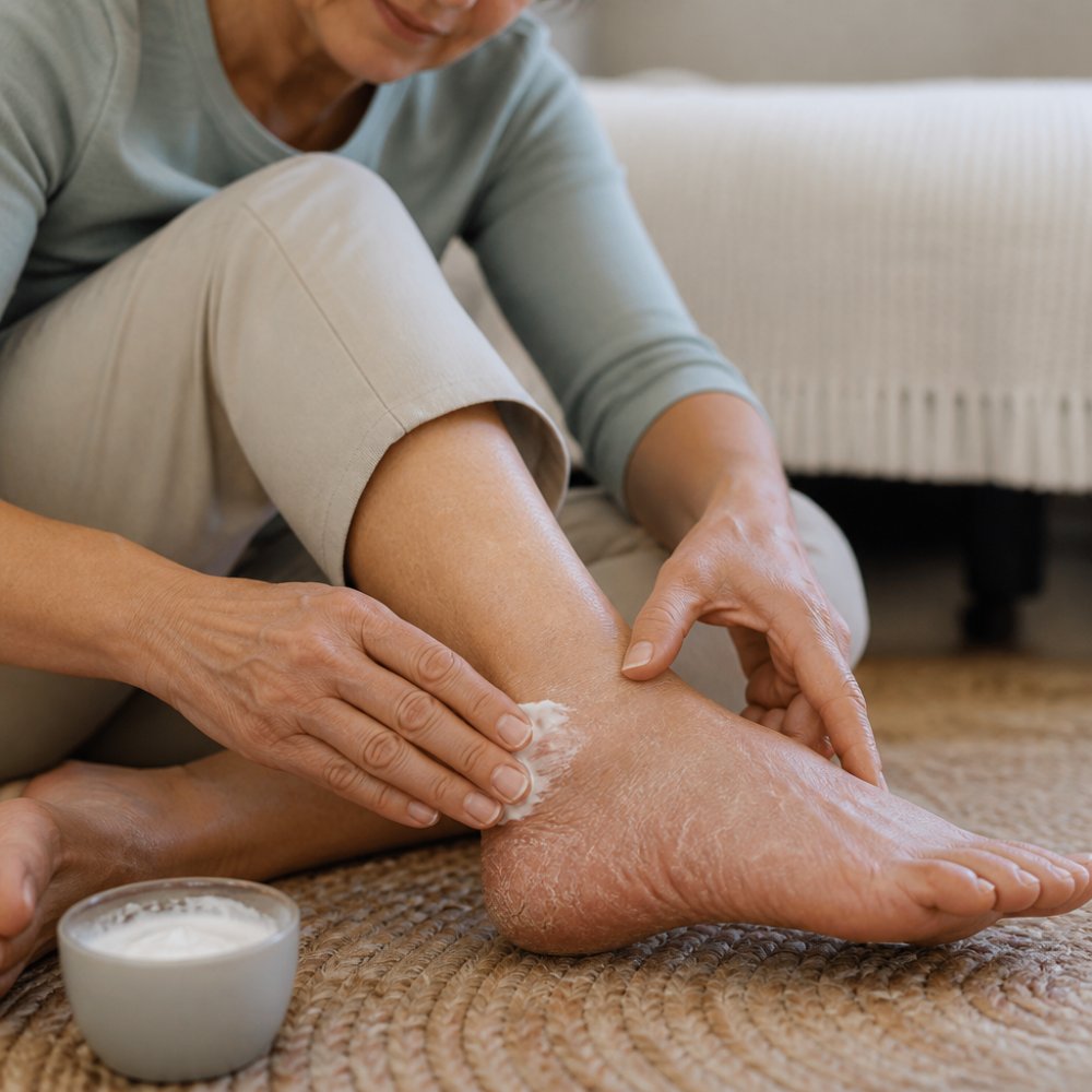 Close-up of an adult's hands gently rubbing a small amount of white cream into cracked, dry skin on their feet, soft natural light, calm home setting