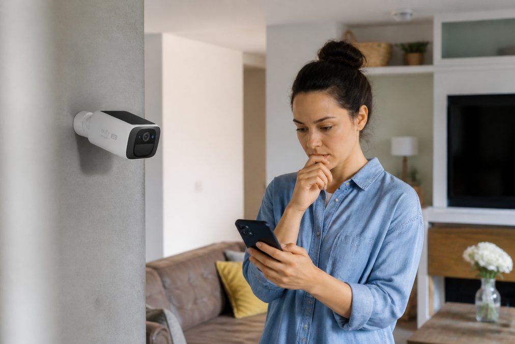 Homeowner checking smartphone for security camera alerts in a modern living room with wall-mounted smart home devices visible