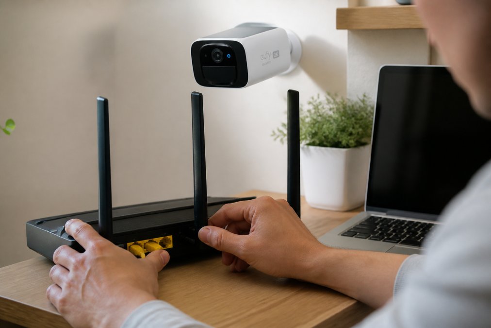 Close-up of hands adjusting router settings on a home network device, with a laptop showing network security dashboard nearby
