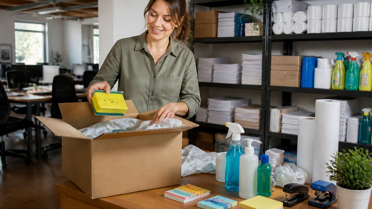 An office manager in a small open-plan office unpacking a delivery of stationery, janitorial and breakroom supplies onto a desk, with shelving of paper reams and cleaning products behind