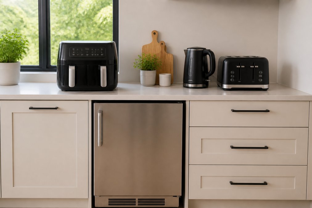 A bright modern kitchen with a stainless steel under-counter fridge, a black dual-zone air fryer on the countertop, and a kettle and toaster set, natural daylight streaming through a window