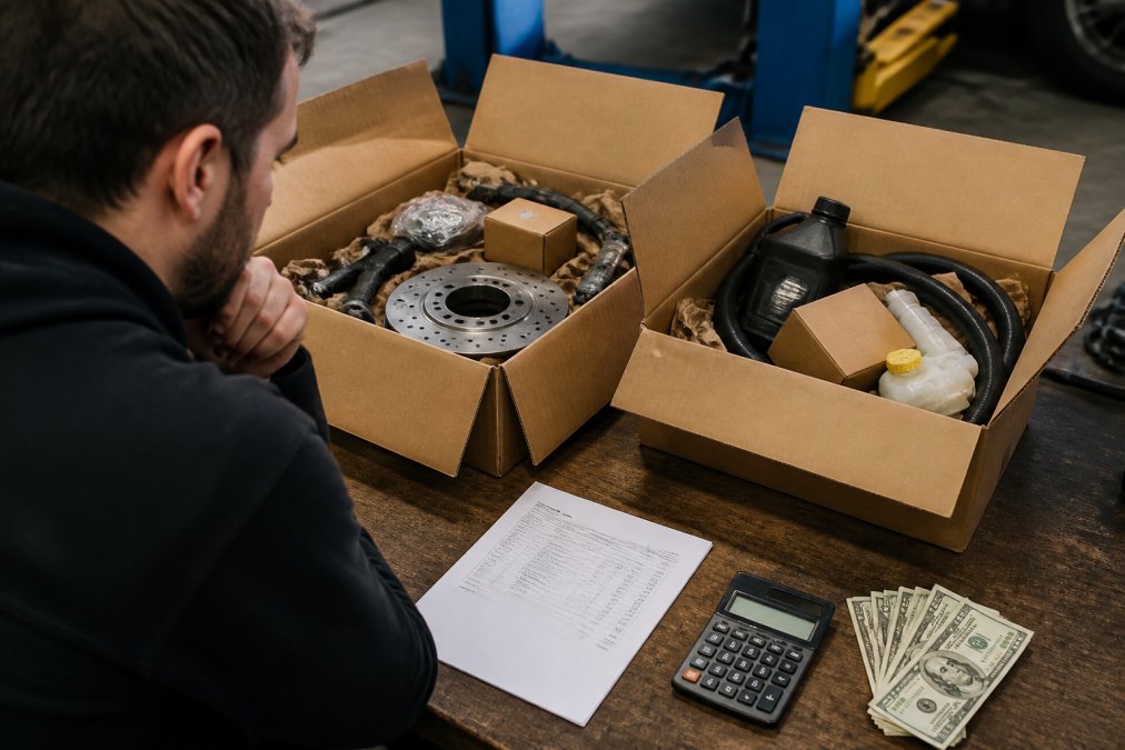 A car enthusiast at a workbench comparing two open cardboard shipping boxes filled with car parts, with a laptop showing an online parts order and a printed invoice beside the boxes