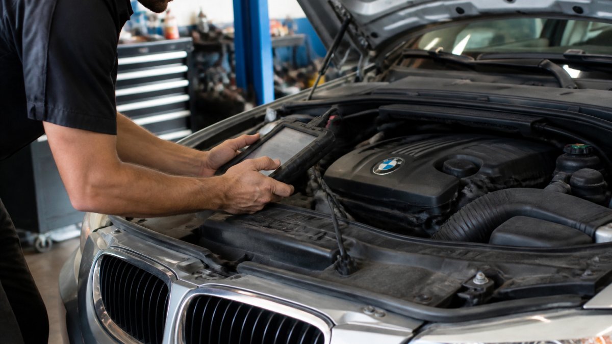 Mechanic using a digital diagnostic scanner on a luxury vehicle engine in a professional repair shop