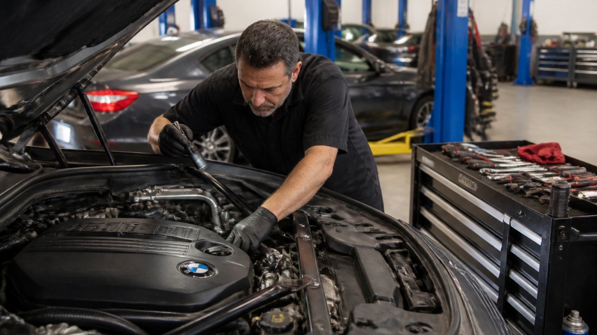A master-certified technician in a clean, well-lit European auto repair shop inspecting the engine bay of a BMW or Audi, with diagnostic equipment visible on a nearby cart