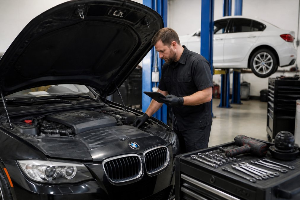 Mechanic using a diagnostic tablet to perform european auto service on a BMW engine in a professional shop