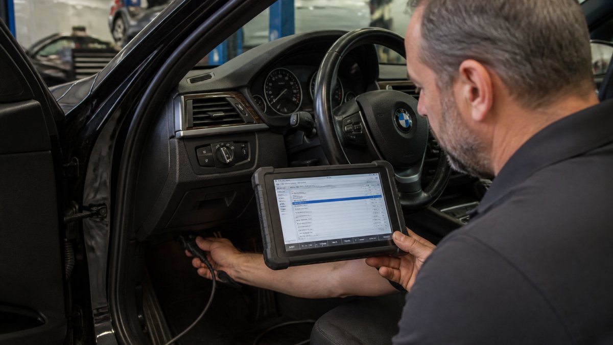Infographic flowchart showing the step-by-step process of a technician performing a professional vehicle scan