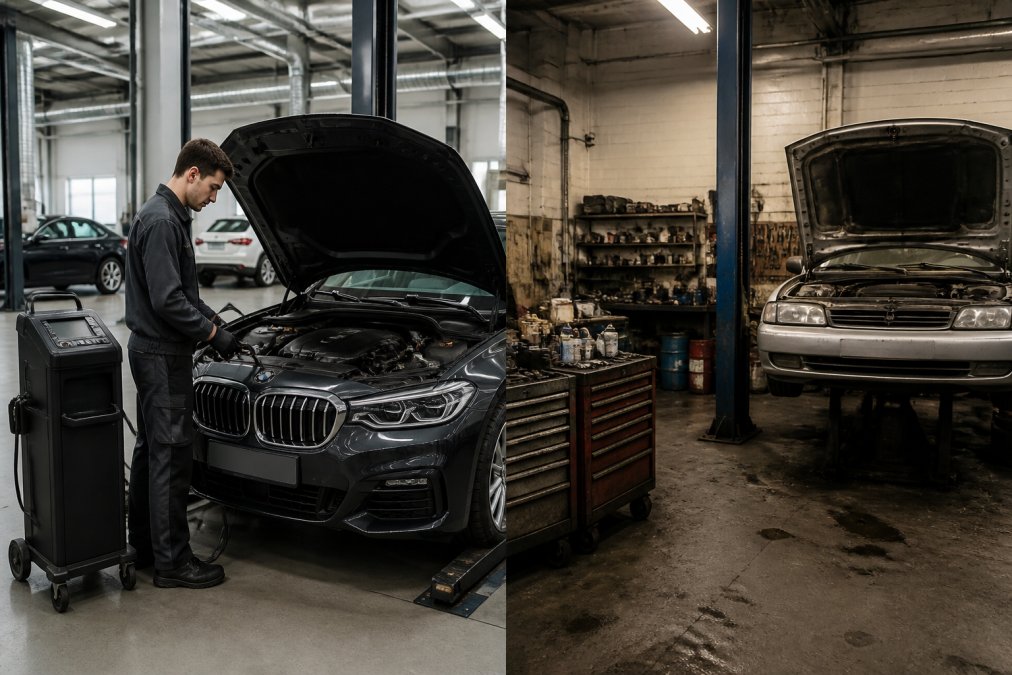 Professional technician using advanced diagnostic equipment on a European luxury vehicle in a modern service bay with specialized tools visible
