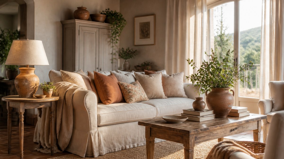 Sunlit living room featuring a skirted linen sofa, weathered wood tables, and terracotta vases by linen curtains.
