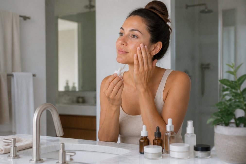 Woman applying a gentle retinol alternative serum to her face in a bright, modern bathroom with skincare bottles.