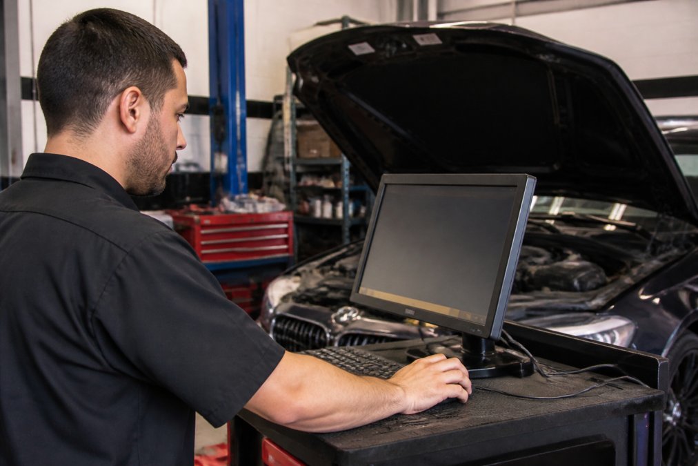 Technician working at diagnostic computer terminal with European vehicle ECU tuning software displayed on monitor in professional shop environment