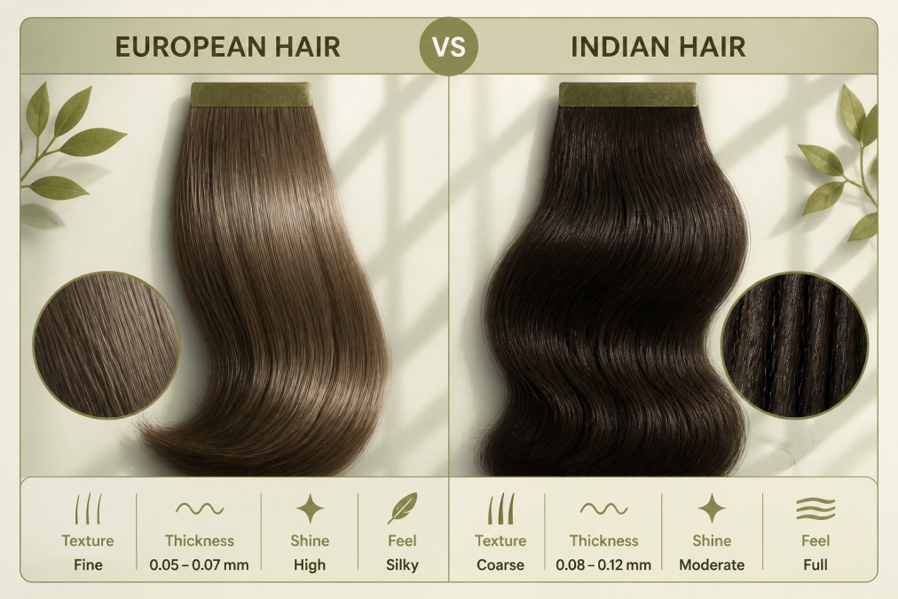 Close-up of two different human hair swatches displayed side by side on a neutral background, one showing finer, silkier strands with subtle shine and one showing thicker, coarser strands with more body and texture, natural window lighting highlighting the textural differences
