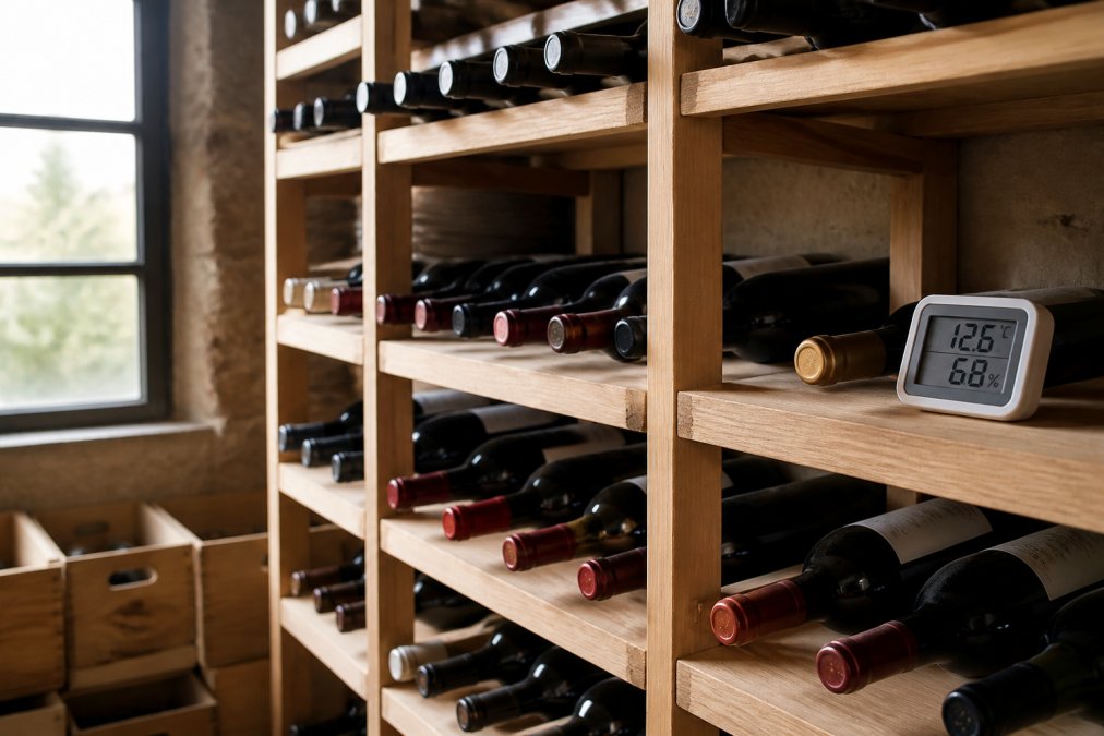 A home wine storage area with wooden racks holding European wine bottles, a small digital thermometer showing stable temperature, and soft natural light from a nearby window