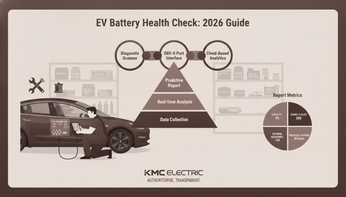 Technician using a diagnostic scanner on a Tesla Model 3, showing the OBD-II port and handheld device screen in a professional garage setting