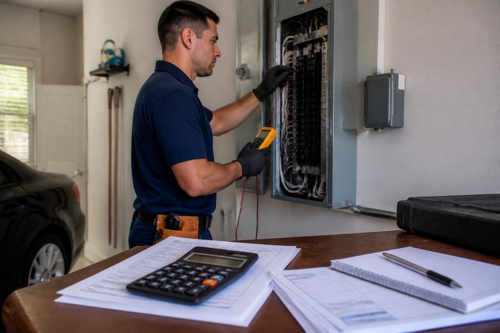 Professional electrician examining an electrical panel with a multimeter, inspecting the inside of a residential breaker box with visible wiring and circuit breakers in a home garage