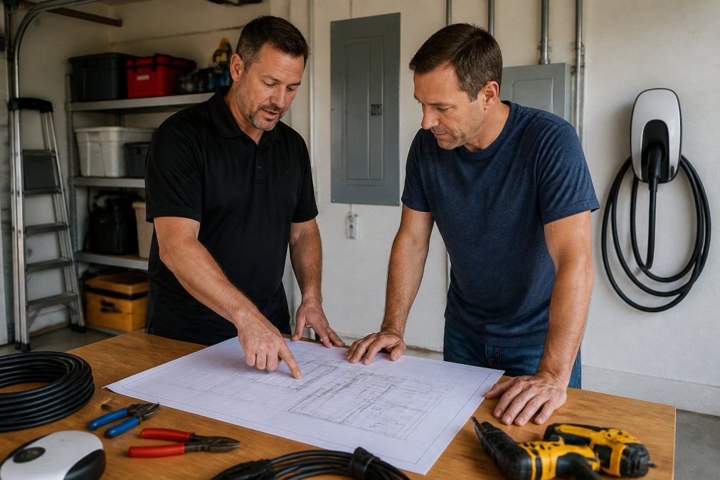 Homeowner meeting with a professional electrician in their garage, reviewing EV charger installation plans and discussing placement options near the electrical panel with blueprints on a workbench
