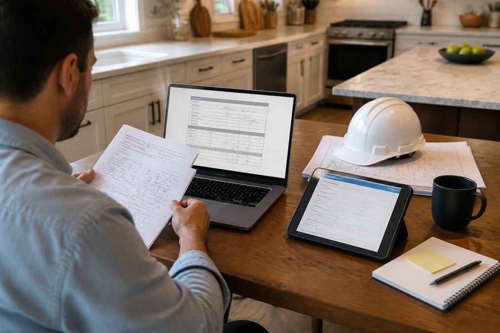 A homeowner reviewing permit documents on a laptop at a kitchen table, with a tablet showing a digital city portal form and a hard hat nearby