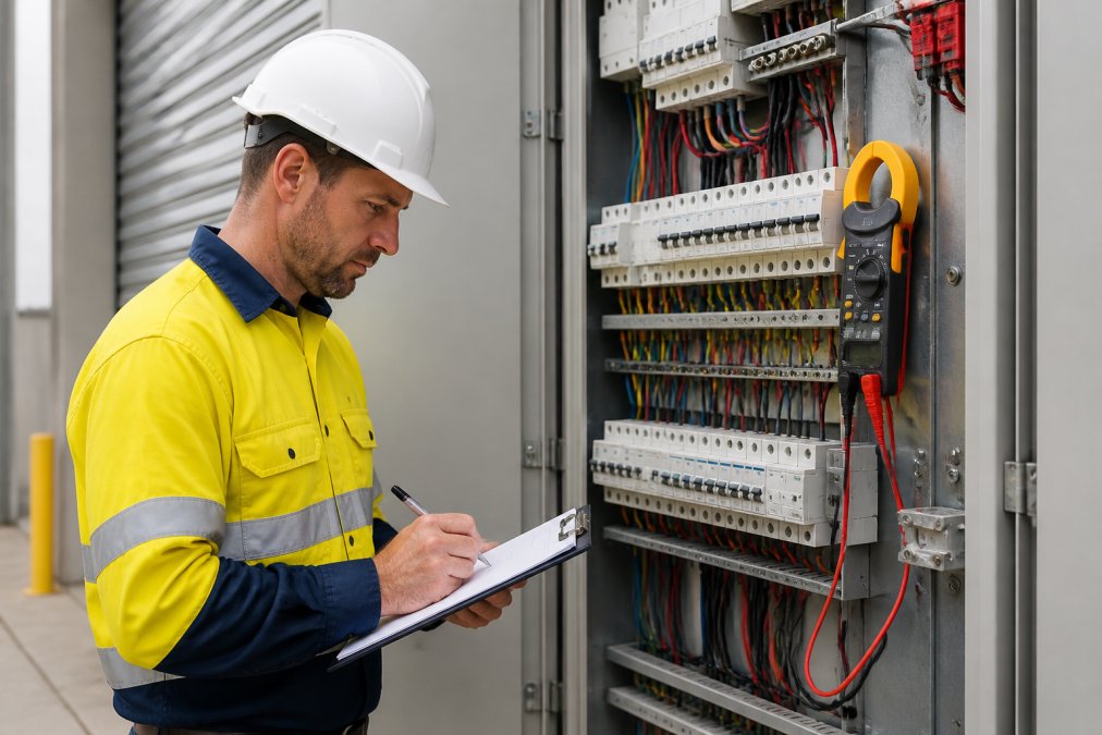 Qualified electrician performing comprehensive site survey at commercial property, inspecting switchboard and electrical infrastructure with testing equipment and clipboard in hand
