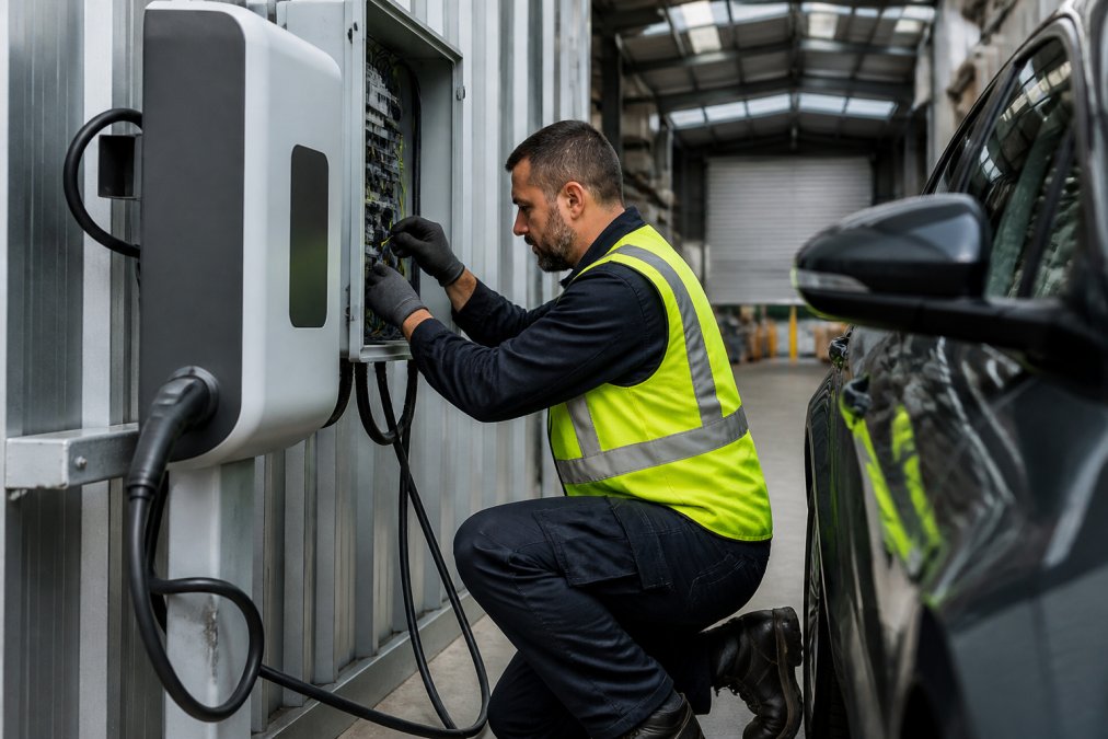 Professional electrician installing commercial EV charging station at business premises, with charging cable, EVSE equipment, and electrical connections visible in modern warehouse setting