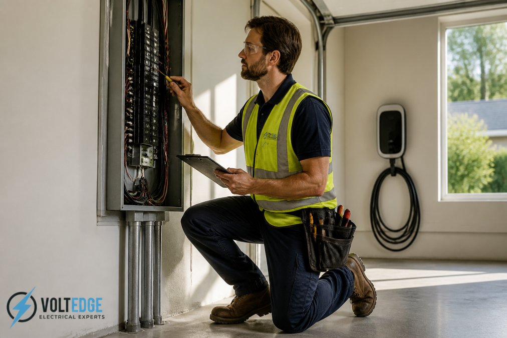 Licensed electrician in safety vest examining residential electrical panel and taking measurements near garage wall where EV charger will be installed, natural daylight streaming through window