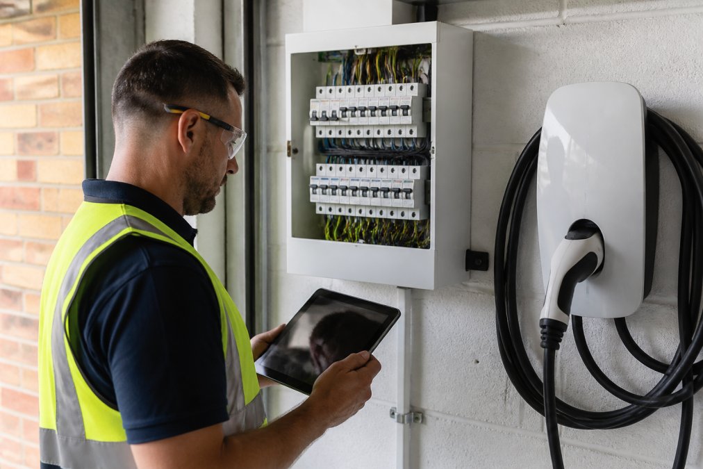 A qualified electrician in safety gear inspecting a modern consumer unit and EV charger mounted on a garage wall, with a tablet showing real-time energy consumption data in his hand