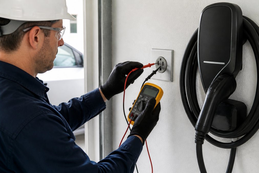 Electrician using a multimeter on a NEMA 14-50 outlet to diagnose an EV charger tripping breaker issue.