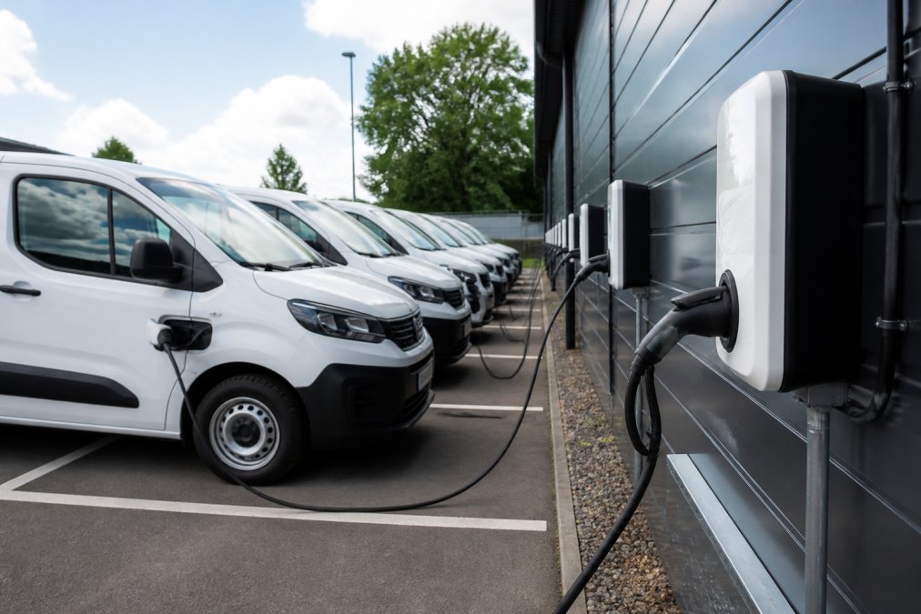 A row of white commercial vans parked at a depot, several wall-mounted charging posts with cables connected to the vehicles, bright daylight, tarmac surface