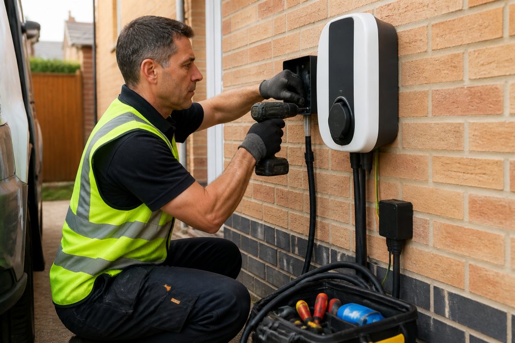 Professional electrician installing a wallbox EV charger on a residential property exterior wall, carefully securing mounting brackets and connecting thick power cables, with tools and safety equipment visible