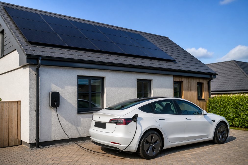Residential home with solar panels installed on the roof and an EV charger mounted on the driveway, showing integrated renewable energy and electric vehicle charging infrastructure in bright daylight