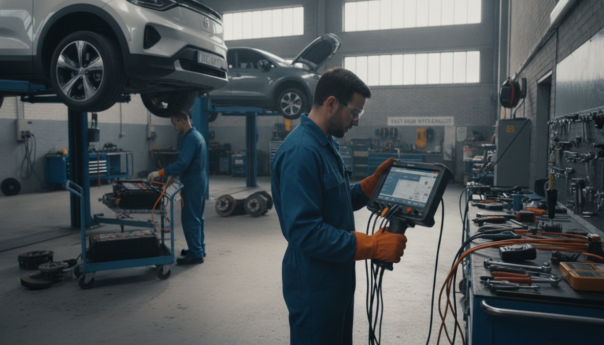 EV technician using specialist diagnostic equipment on Tesla vehicle in modern workshop with professional lighting and diagnostic displays