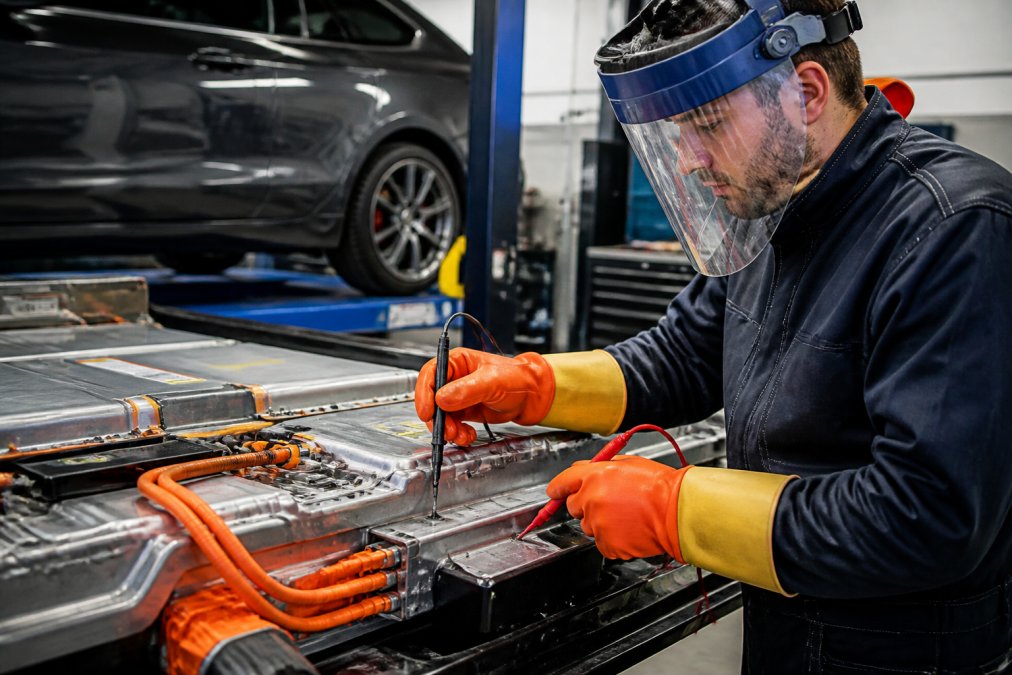 Professional technician in workshop wearing high-voltage safety PPE including insulated gloves and protective equipment, handling diagnostic probes near an EV battery pack with warning labels clearly visible on the equipment