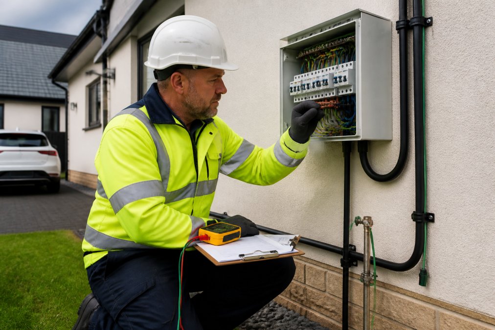 A certified electrician in safety gear inspecting a home consumer unit and earthing arrangements in a Scottish home, with a clipboard and testing equipment visible