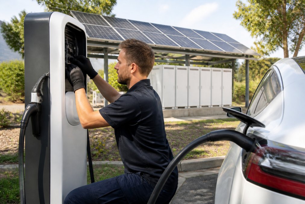 Professional electrician installing modern EV charging station with solar panels and battery storage system visible in background, checking electrical connections in afternoon sunlight
