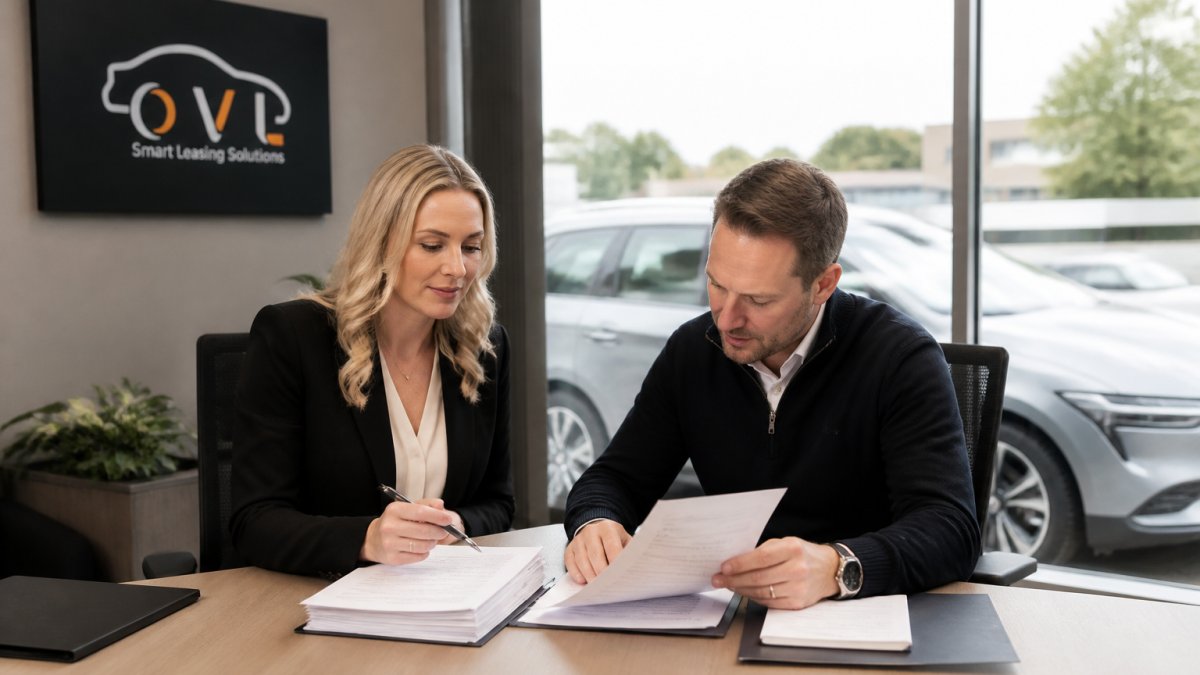 Fleet and account managers reviewing salary sacrifice early termination insurance documents at a desk