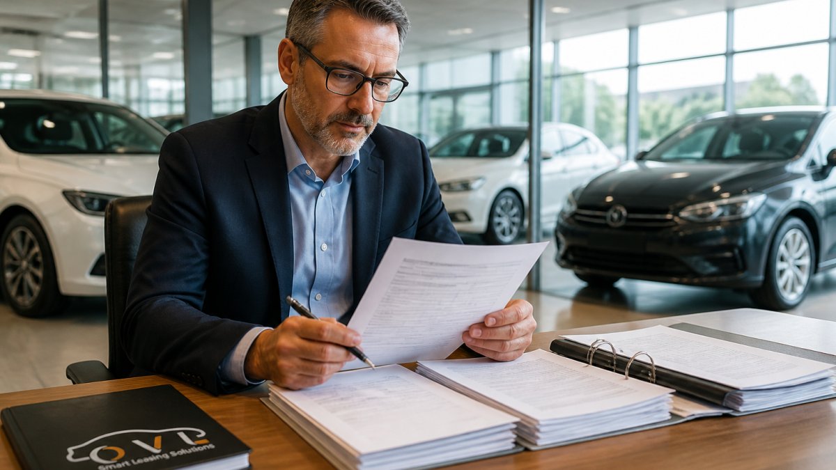 Finance director reviewing electric vehicle fleet management documents and lease agreements at a modern office desk with electric vehicles visible in the background