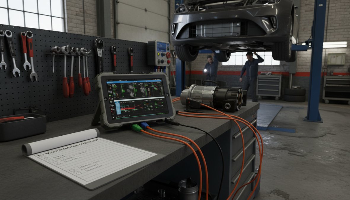 A qualified technician in professional workshop overalls crouching beside the underside of a white electric vehicle, with a diagnostic laptop and hand tools laid out on a nearby workbench under bright LED workshop lighting