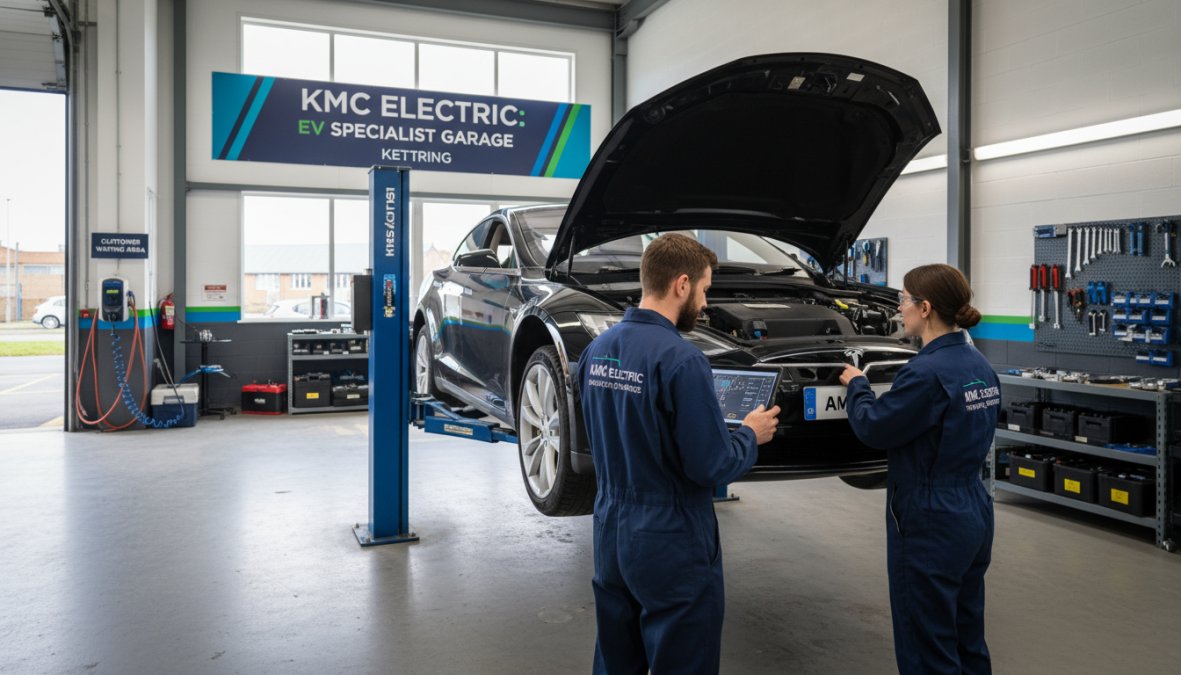 An EV specialist technician in branded workwear connecting a diagnostic laptop via OBD cable to a white Tesla in a clean, well-lit independent garage workshop, with organised tool storage and workshop equipment visible in the background